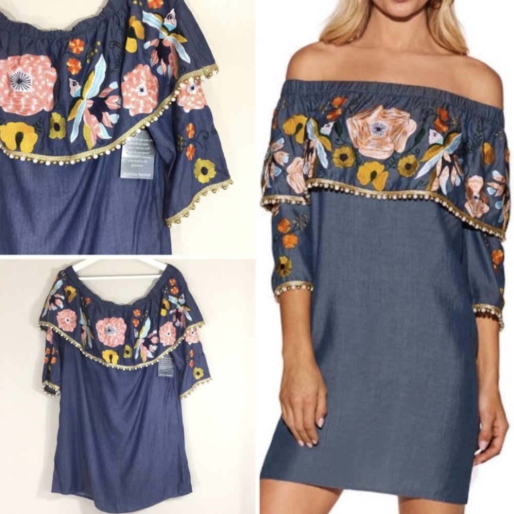 Boston Proper Blue Chambray Embroidered Beaded Ruffle Mini Dress